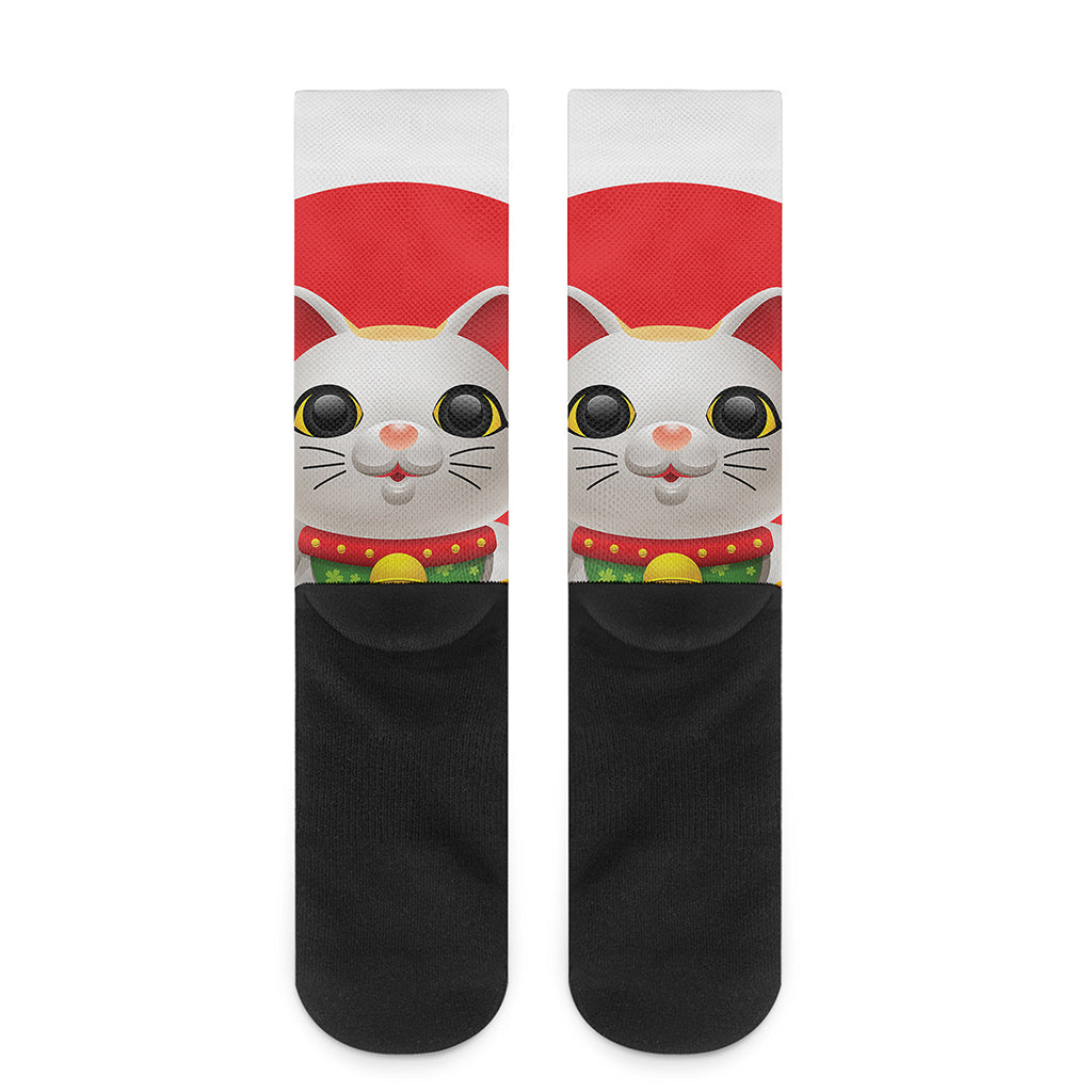 Japanese Lucky Cat Maneki Neko Print Crew Socks