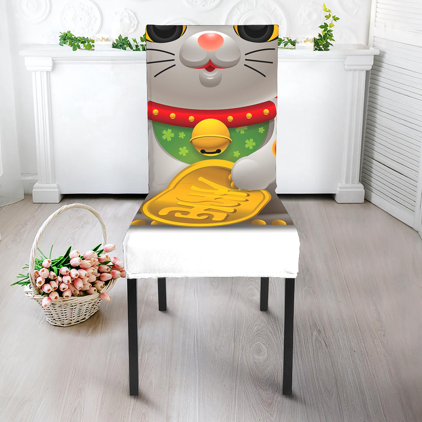 Japanese Lucky Cat Maneki Neko Print Dining Chair Slipcover