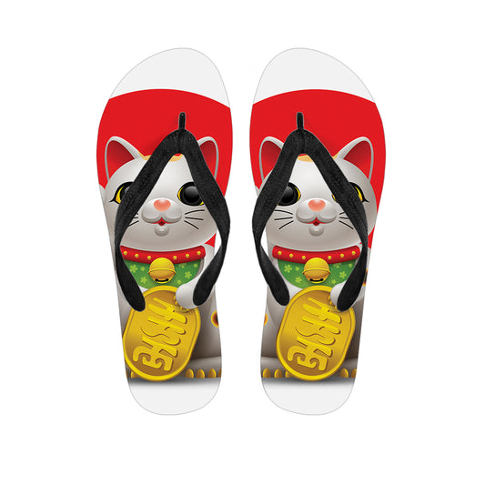 Japanese Lucky Cat Maneki Neko Print Flip Flops