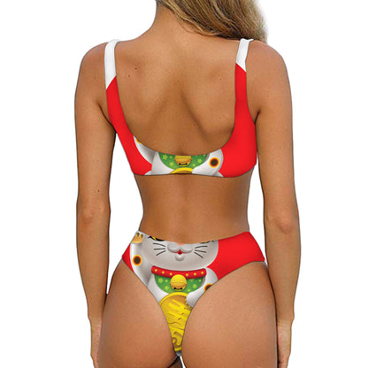 Japanese Lucky Cat Maneki Neko Print Front Bow Tie Bikini