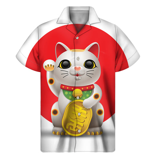 Japanese Lucky Cat Maneki Neko Print Men's Short Sleeve Shirt