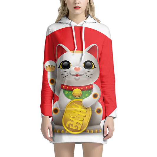 Japanese Lucky Cat Maneki Neko Print Pullover Hoodie Dress