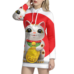 Japanese Lucky Cat Maneki Neko Print Pullover Hoodie Dress