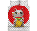 Japanese Lucky Cat Maneki Neko Print Quilt Bed Set