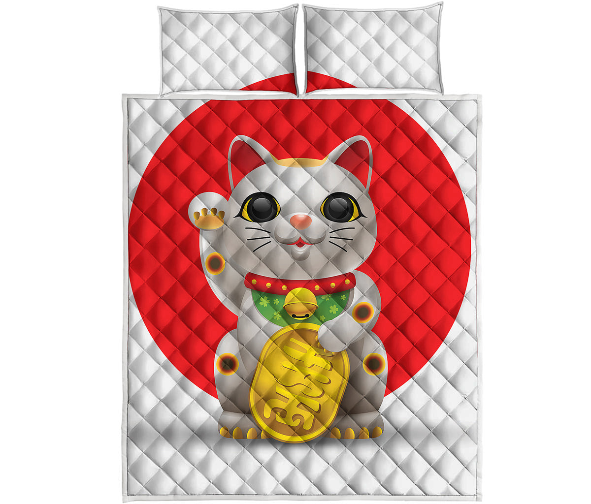 Japanese Lucky Cat Maneki Neko Print Quilt Bed Set