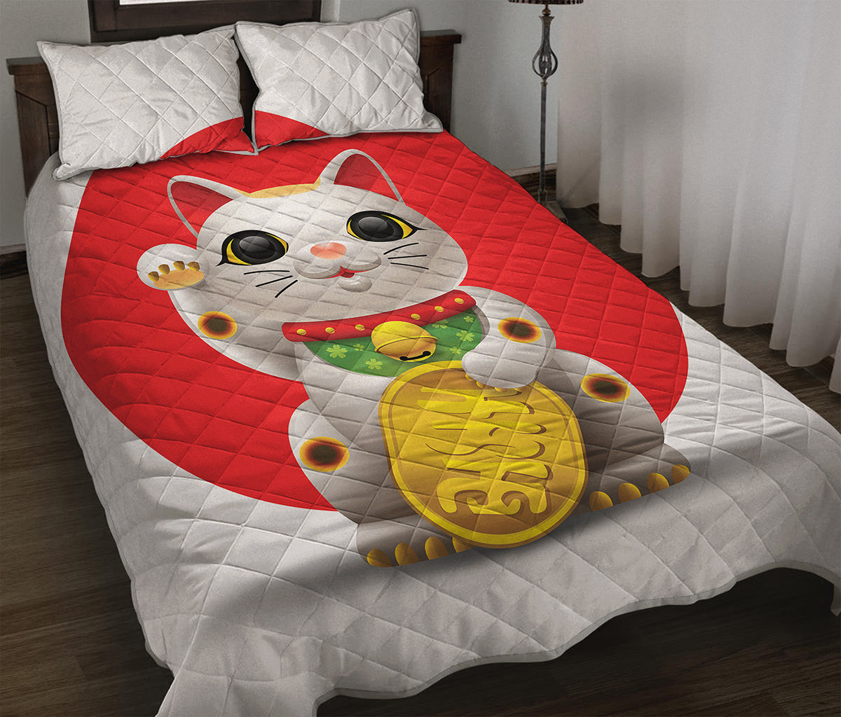 Japanese Lucky Cat Maneki Neko Print Quilt Bed Set