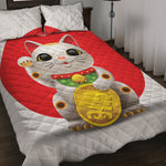 Japanese Lucky Cat Maneki Neko Print Quilt Bed Set