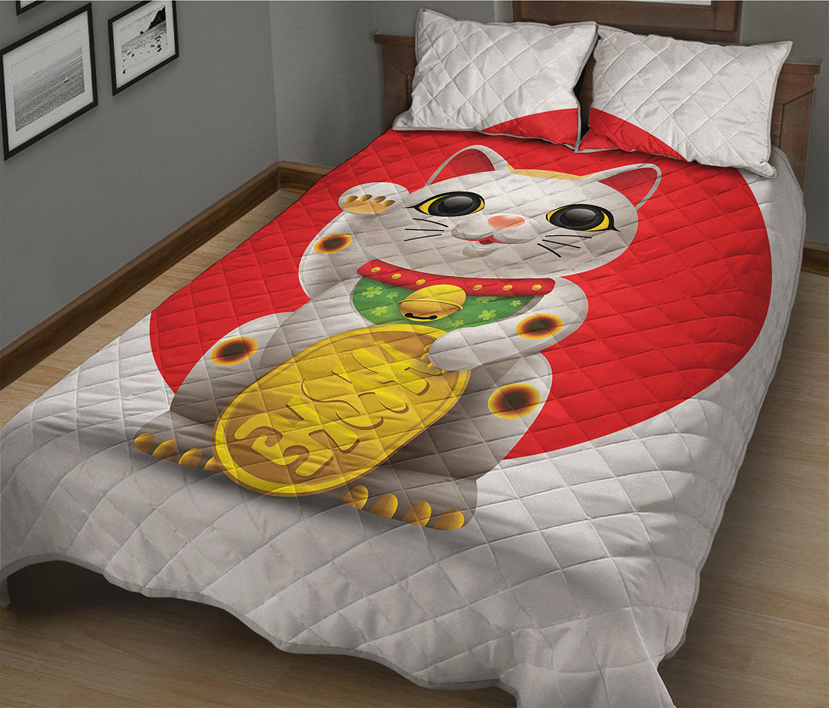 Japanese Lucky Cat Maneki Neko Print Quilt Bed Set