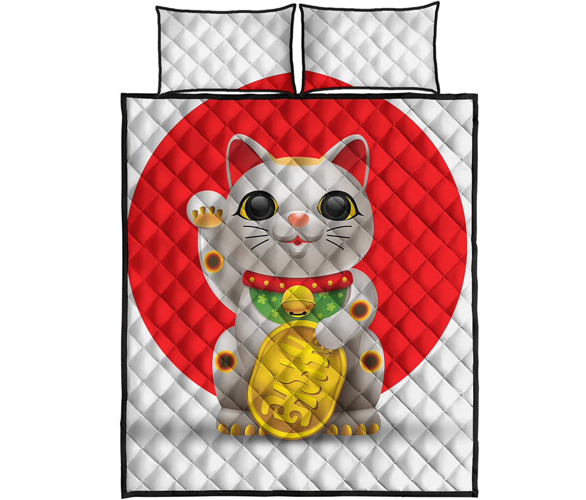 Japanese Lucky Cat Maneki Neko Print Quilt Bed Set