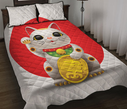 Japanese Lucky Cat Maneki Neko Print Quilt Bed Set
