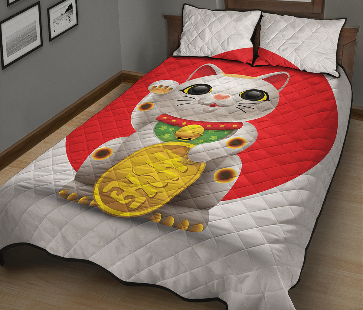 Japanese Lucky Cat Maneki Neko Print Quilt Bed Set