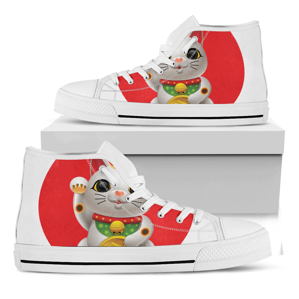 Japanese Lucky Cat Maneki Neko Print White High Top Shoes
