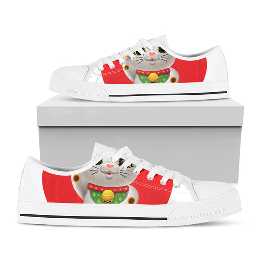 Japanese Lucky Cat Maneki Neko Print White Low Top Shoes