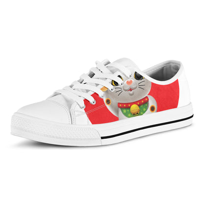 Japanese Lucky Cat Maneki Neko Print White Low Top Shoes