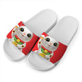 Japanese Lucky Cat Maneki Neko Print White Slide Sandals