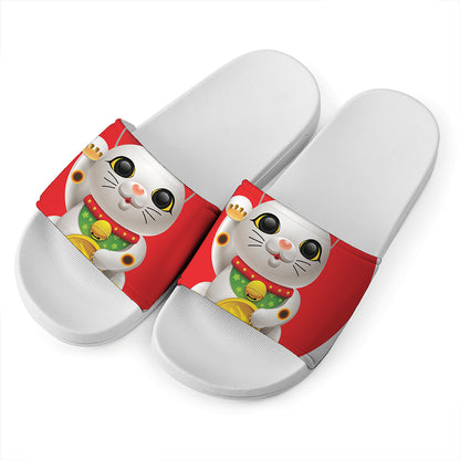 Japanese Lucky Cat Maneki Neko Print White Slide Sandals