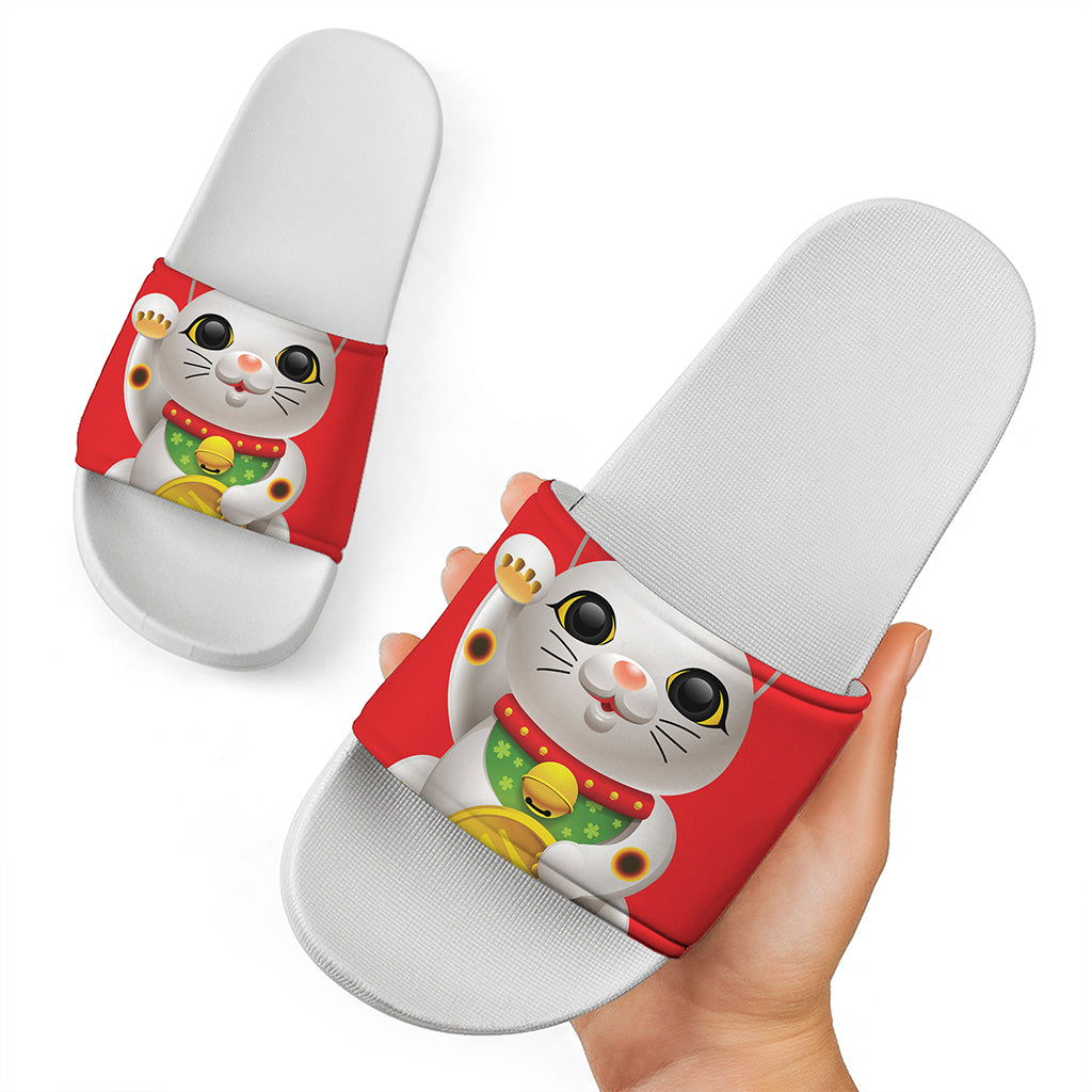 Japanese Lucky Cat Maneki Neko Print White Slide Sandals
