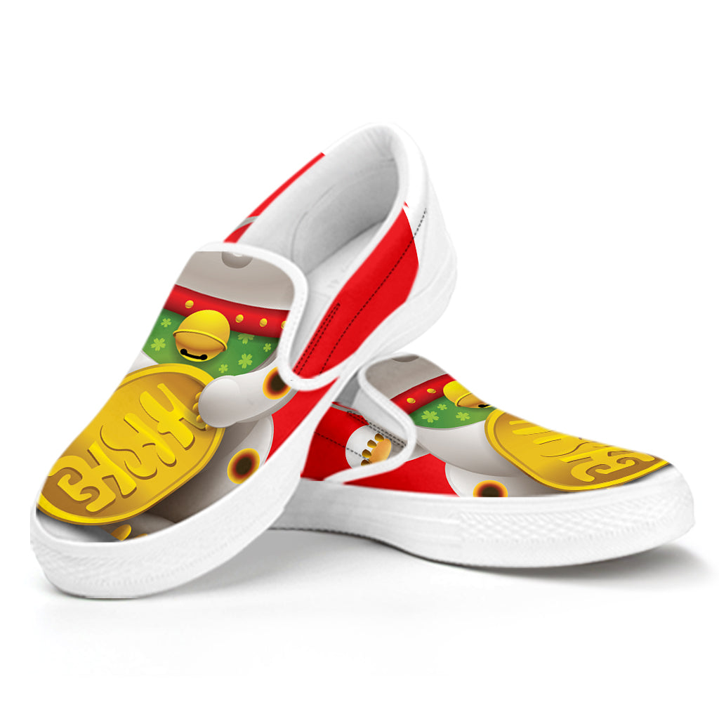 Japanese Lucky Cat Maneki Neko Print White Slip On Shoes