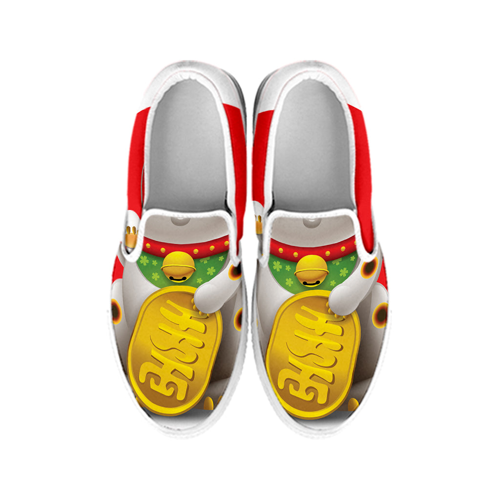 Japanese Lucky Cat Maneki Neko Print White Slip On Shoes