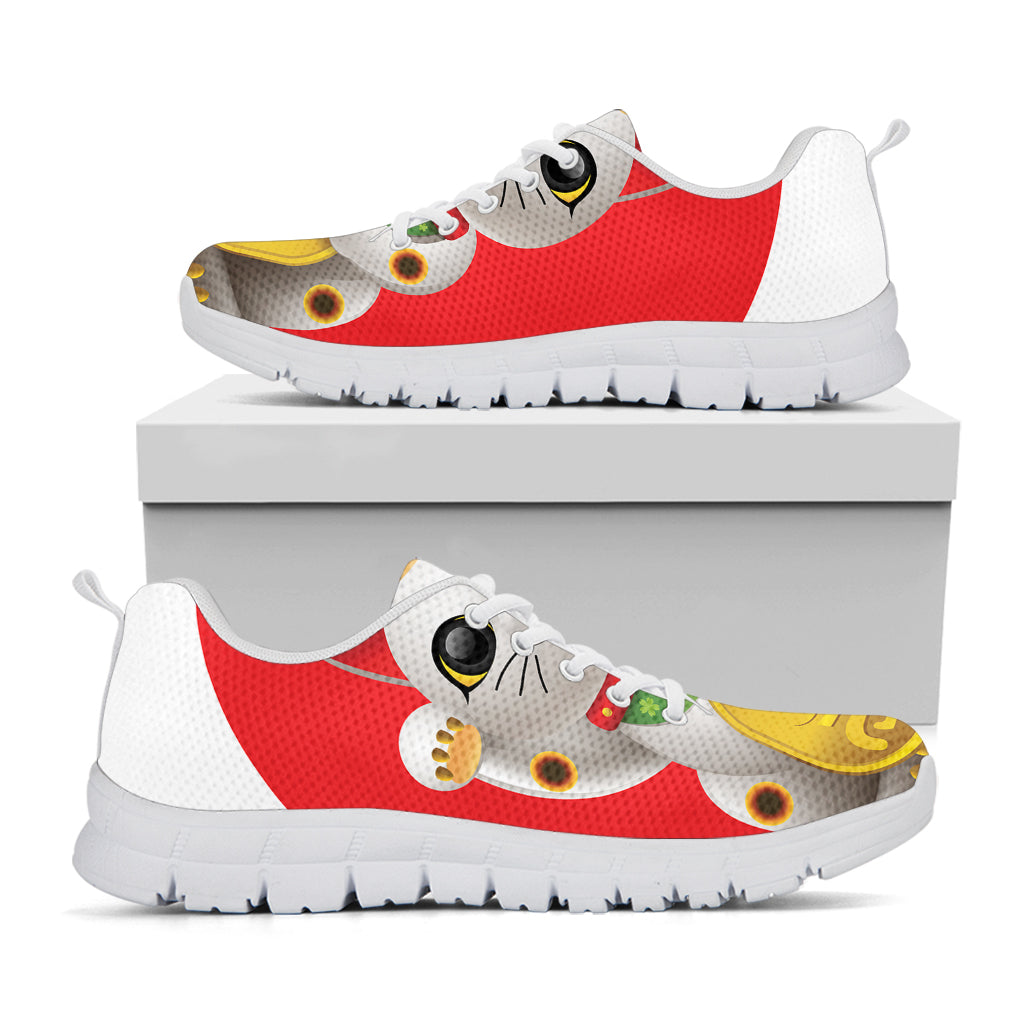 Japanese Lucky Cat Maneki Neko Print White Sneakers