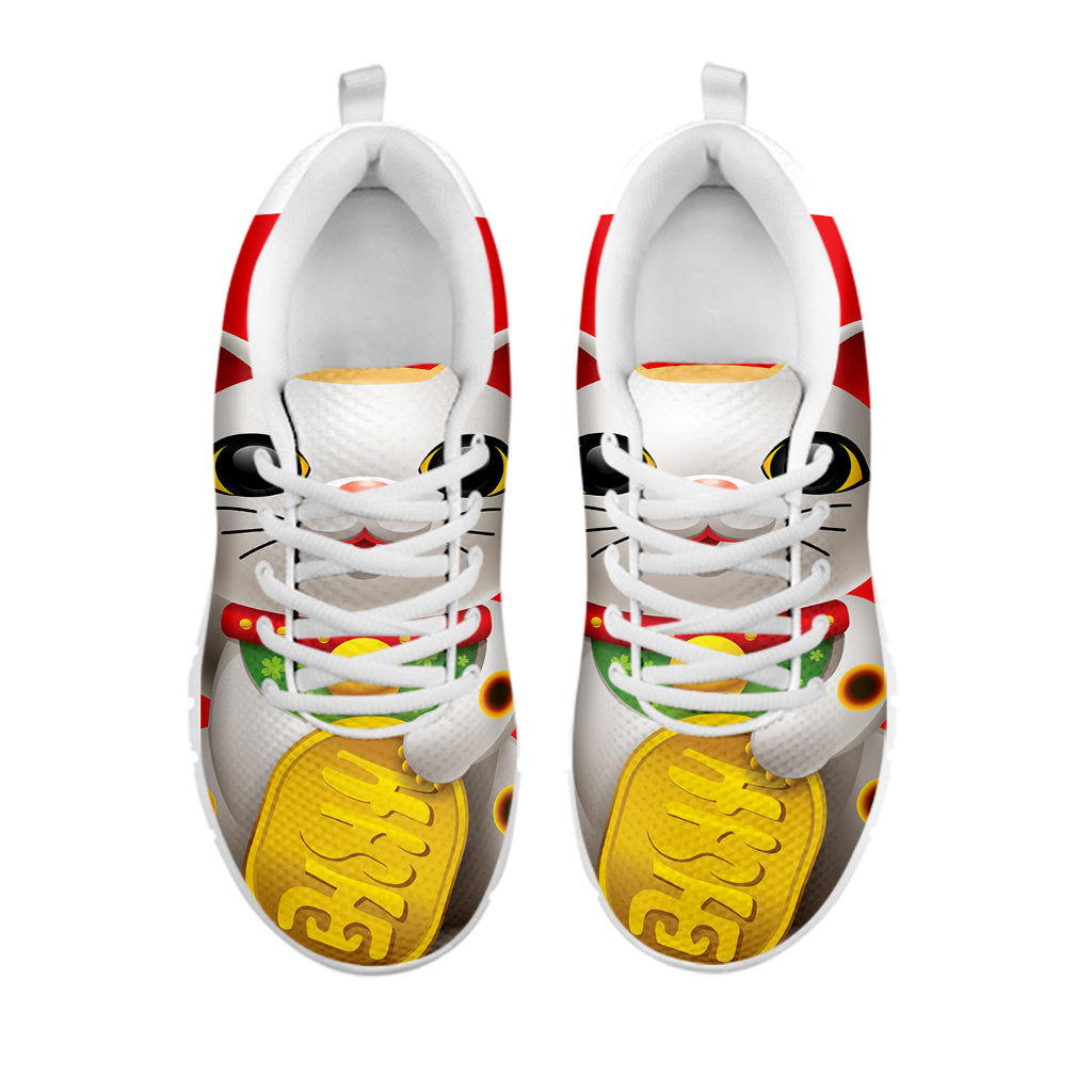 Japanese Lucky Cat Maneki Neko Print White Sneakers