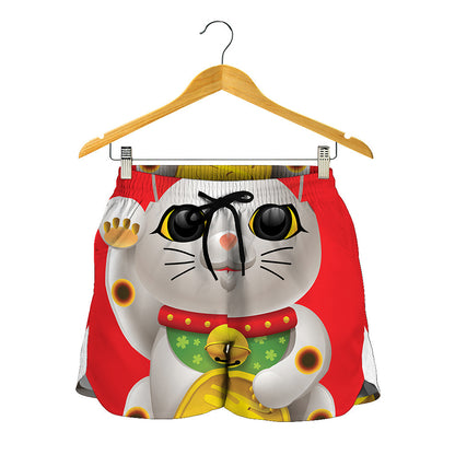 Japanese Lucky Cat Maneki Neko Print Women's Shorts