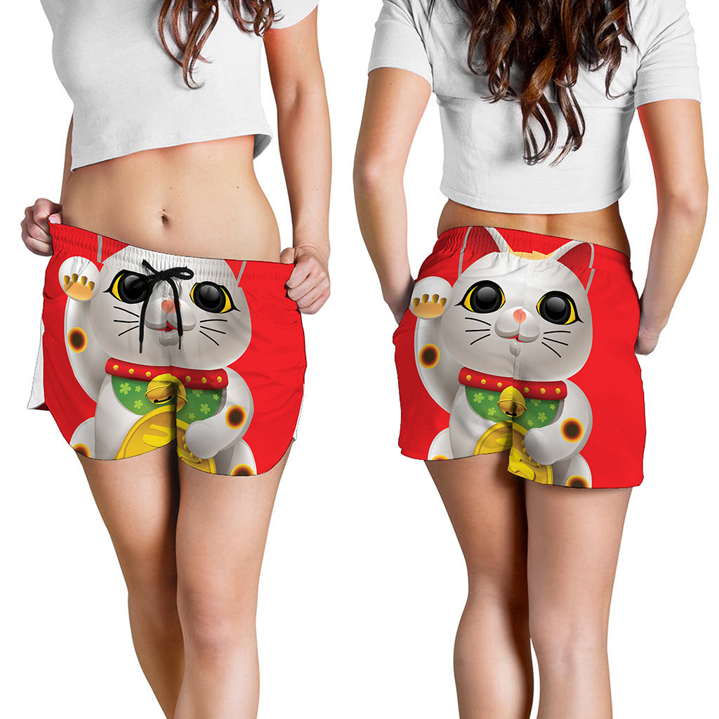 Japanese Lucky Cat Maneki Neko Print Women's Shorts