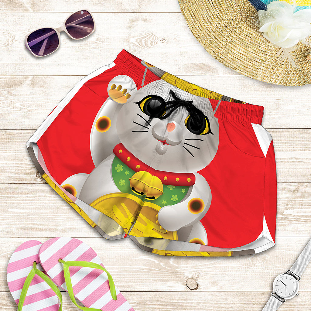 Japanese Lucky Cat Maneki Neko Print Women's Shorts