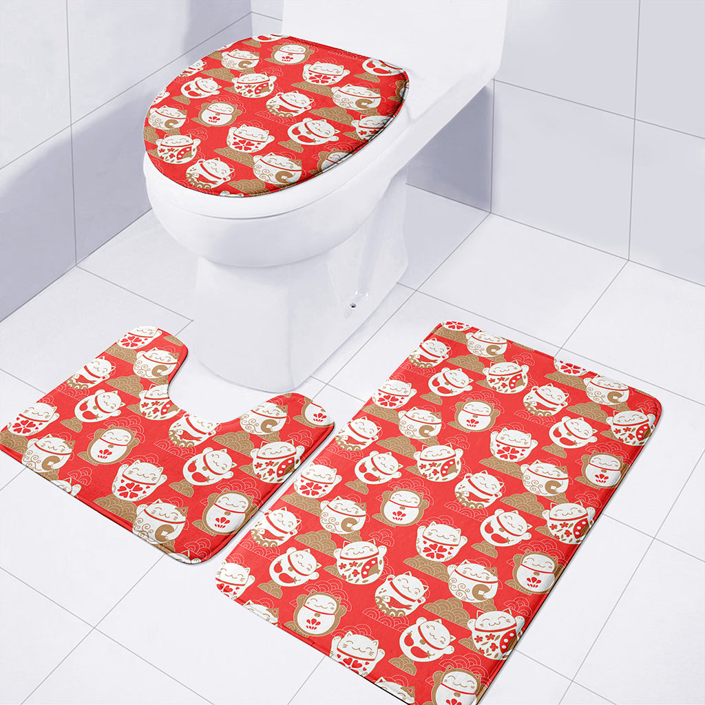 Japanese Lucky Cat Pattern Print 3 Piece Bath Mat Set