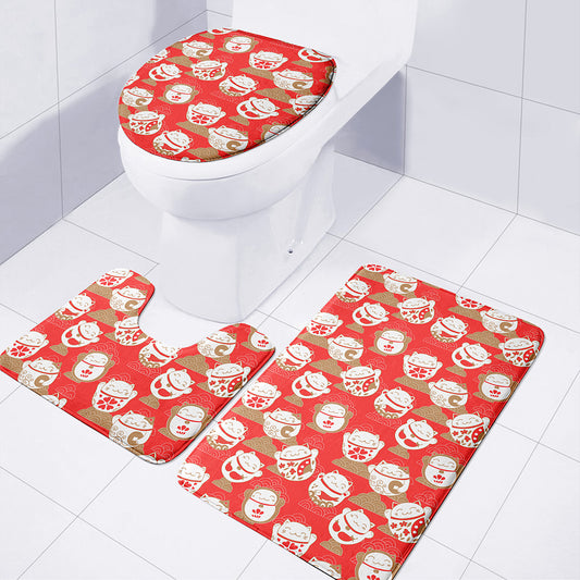 Japanese Lucky Cat Pattern Print 3 Piece Bath Mat Set