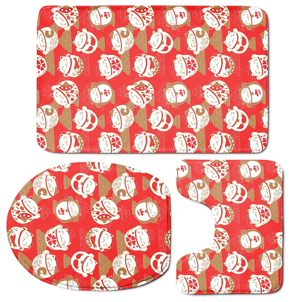 Japanese Lucky Cat Pattern Print 3 Piece Bath Mat Set