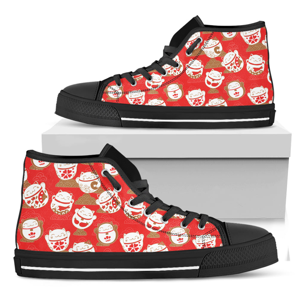 Japanese Lucky Cat Pattern Print Black High Top Shoes