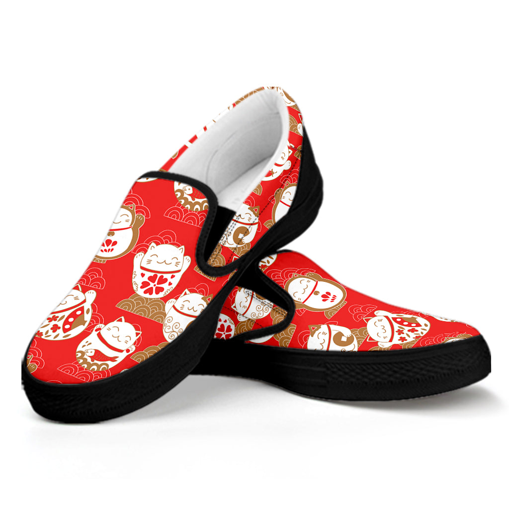 Japanese Lucky Cat Pattern Print Black Slip On Shoes