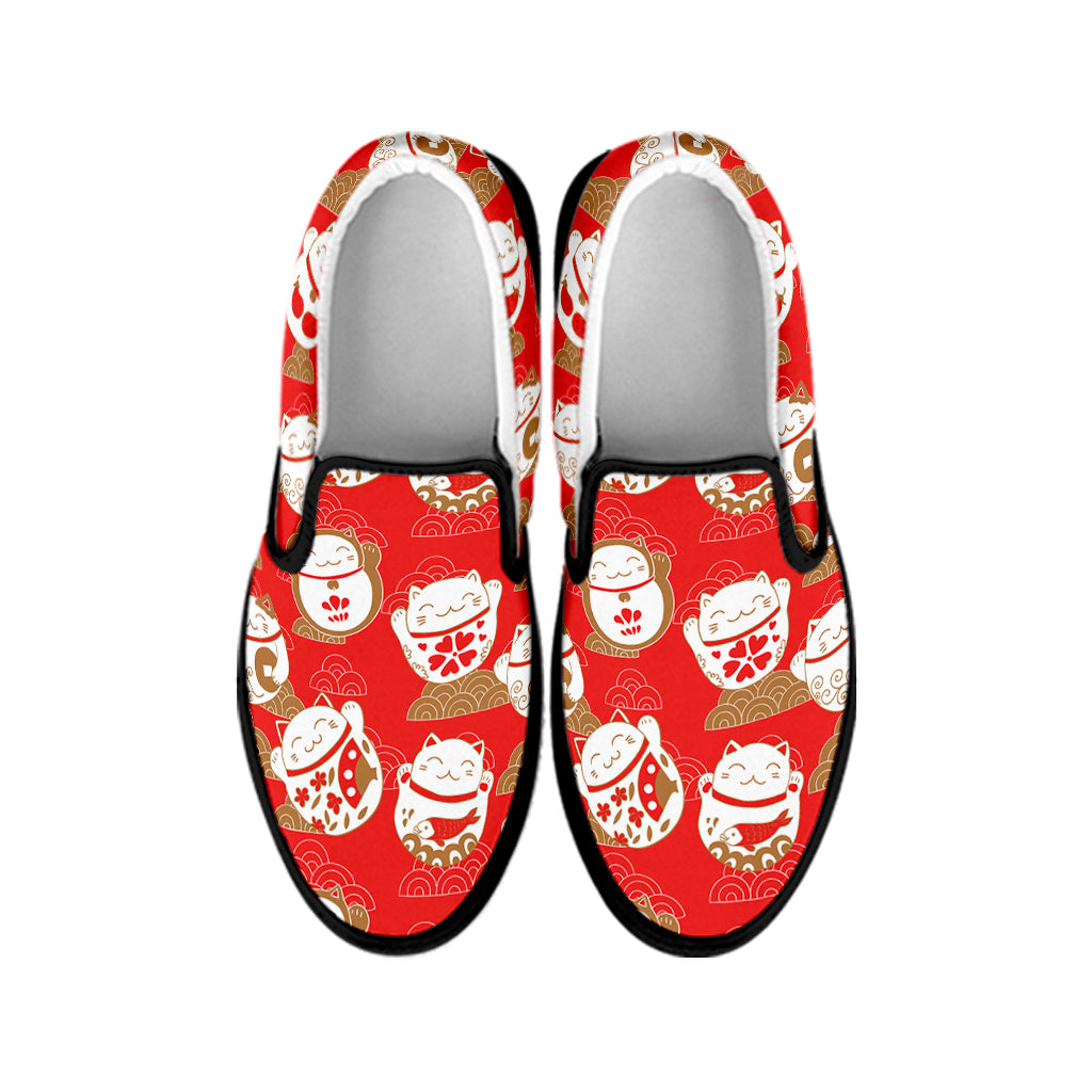 Japanese Lucky Cat Pattern Print Black Slip On Shoes