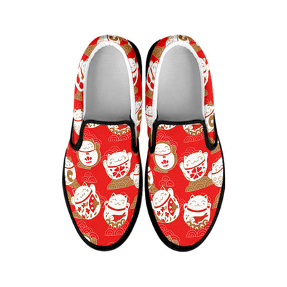 Japanese Lucky Cat Pattern Print Black Slip On Shoes