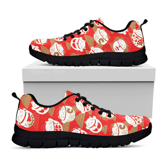 Japanese Lucky Cat Pattern Print Black Sneakers