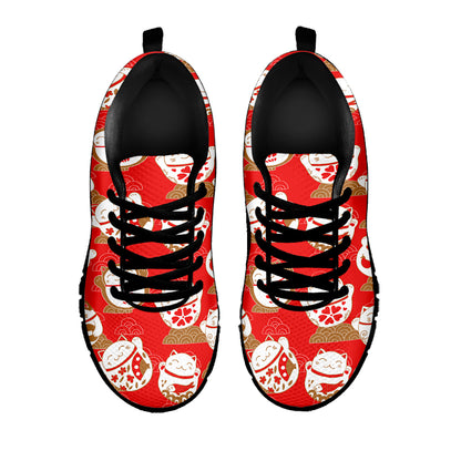 Japanese Lucky Cat Pattern Print Black Sneakers