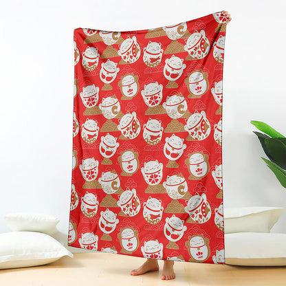 Japanese Lucky Cat Pattern Print Blanket