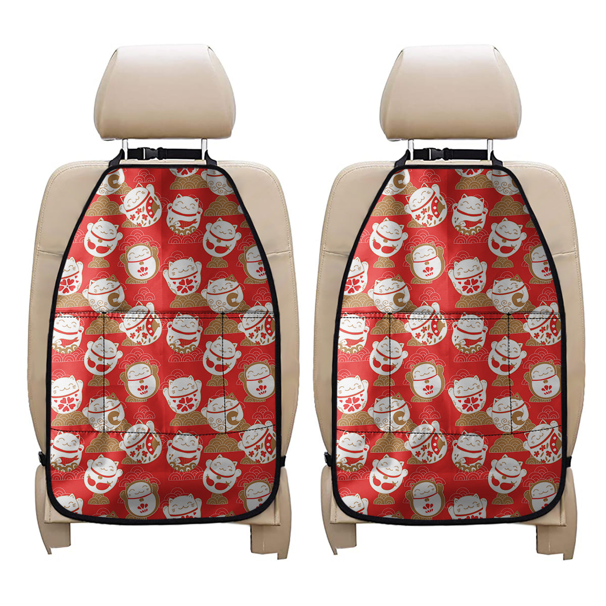 Japanese Lucky Cat Pattern Print Car Seat Organizers