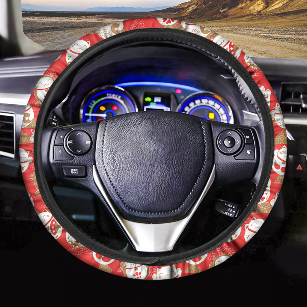 Japanese Lucky Cat Pattern Print Car Steering Wheel Cover