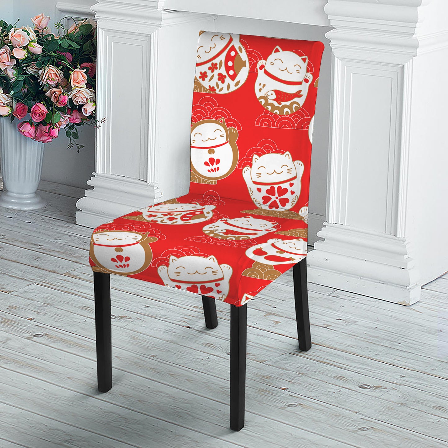 Japanese Lucky Cat Pattern Print Dining Chair Slipcover