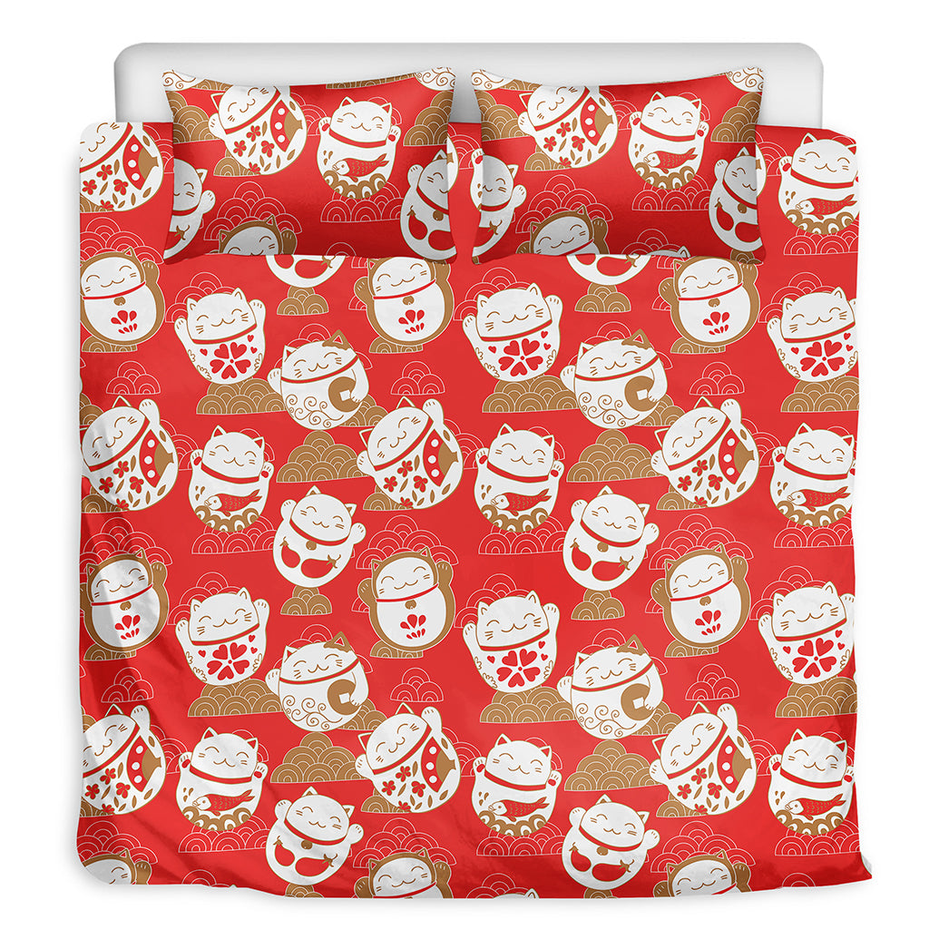 Japanese Lucky Cat Pattern Print Duvet Cover Bedding Set