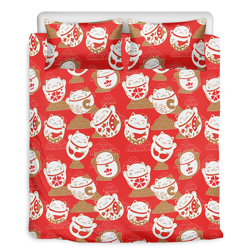 Japanese Lucky Cat Pattern Print Duvet Cover Bedding Set