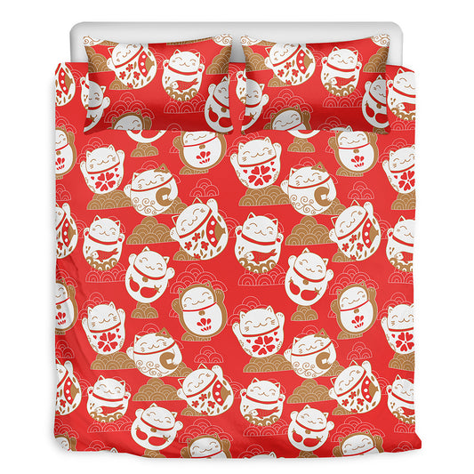 Japanese Lucky Cat Pattern Print Duvet Cover Bedding Set