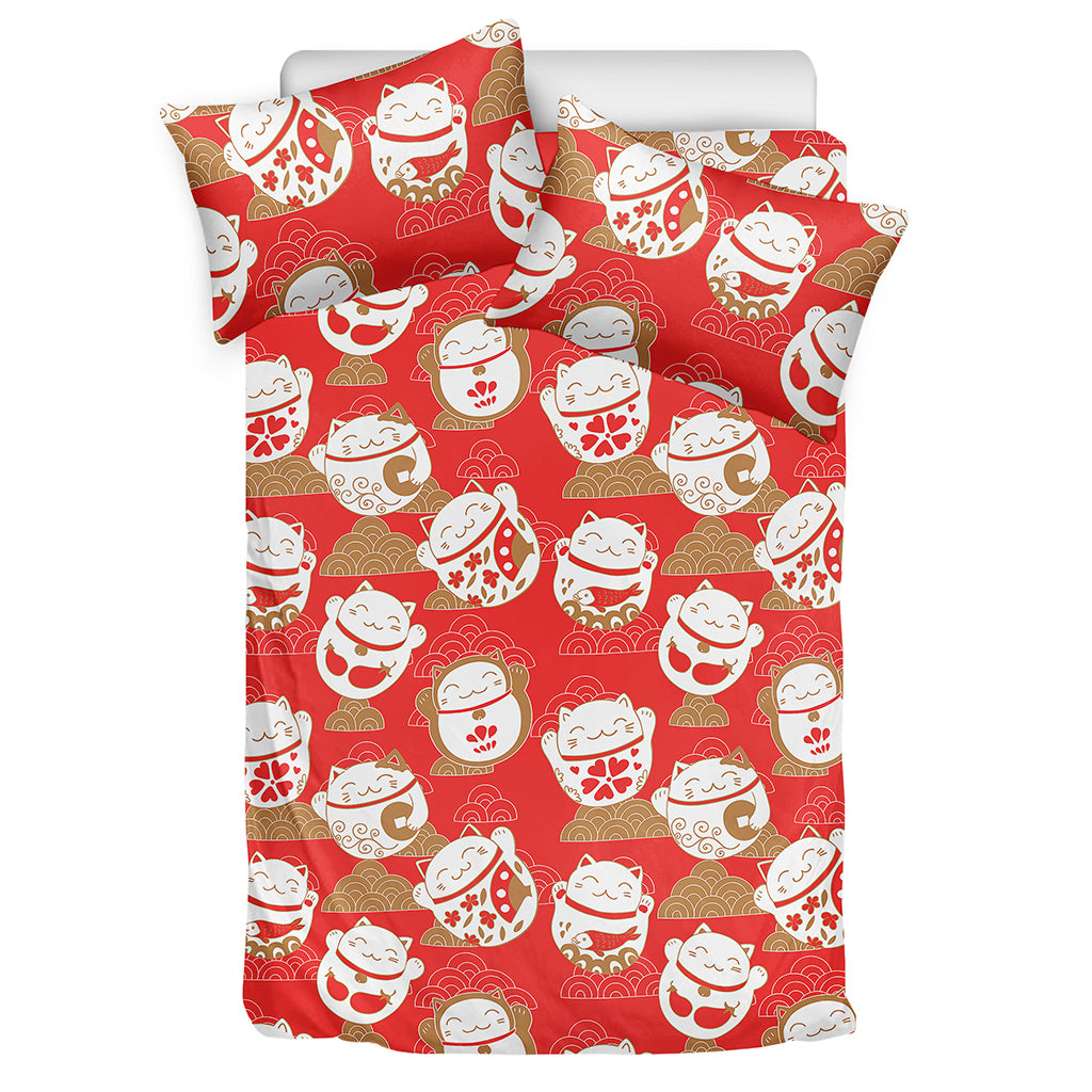 Japanese Lucky Cat Pattern Print Duvet Cover Bedding Set