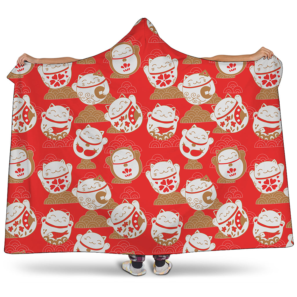 Japanese Lucky Cat Pattern Print Hooded Blanket