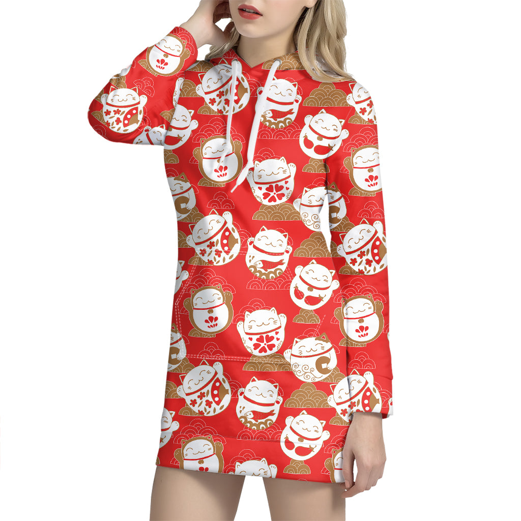 Japanese Lucky Cat Pattern Print Hoodie Dress