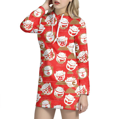 Japanese Lucky Cat Pattern Print Hoodie Dress