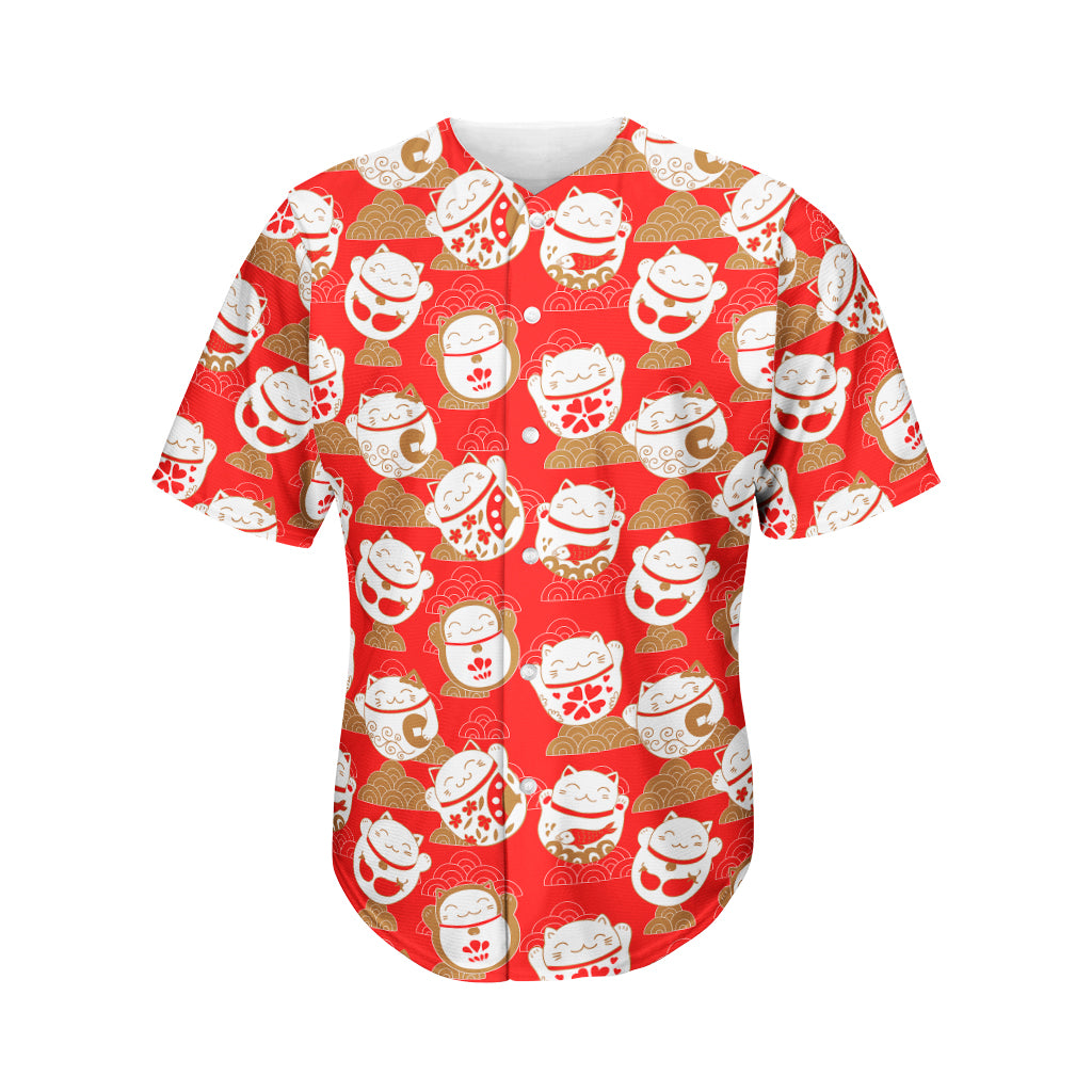 Japanese Lucky Cat Pattern Print Men's Baseball Jersey