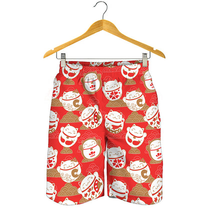 Japanese Lucky Cat Pattern Print Men's Shorts